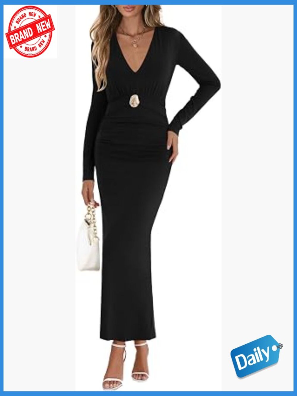 Long Sleeve V Neck Ruched Bodycon Maxi Dress Cocktail
